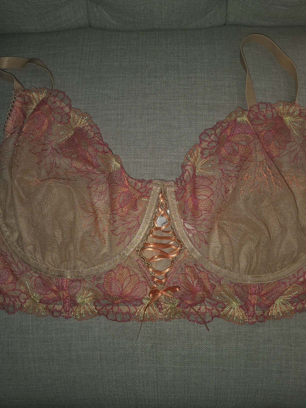 Sheer Embroidered Lace Underwire Bra in Peach and Pink